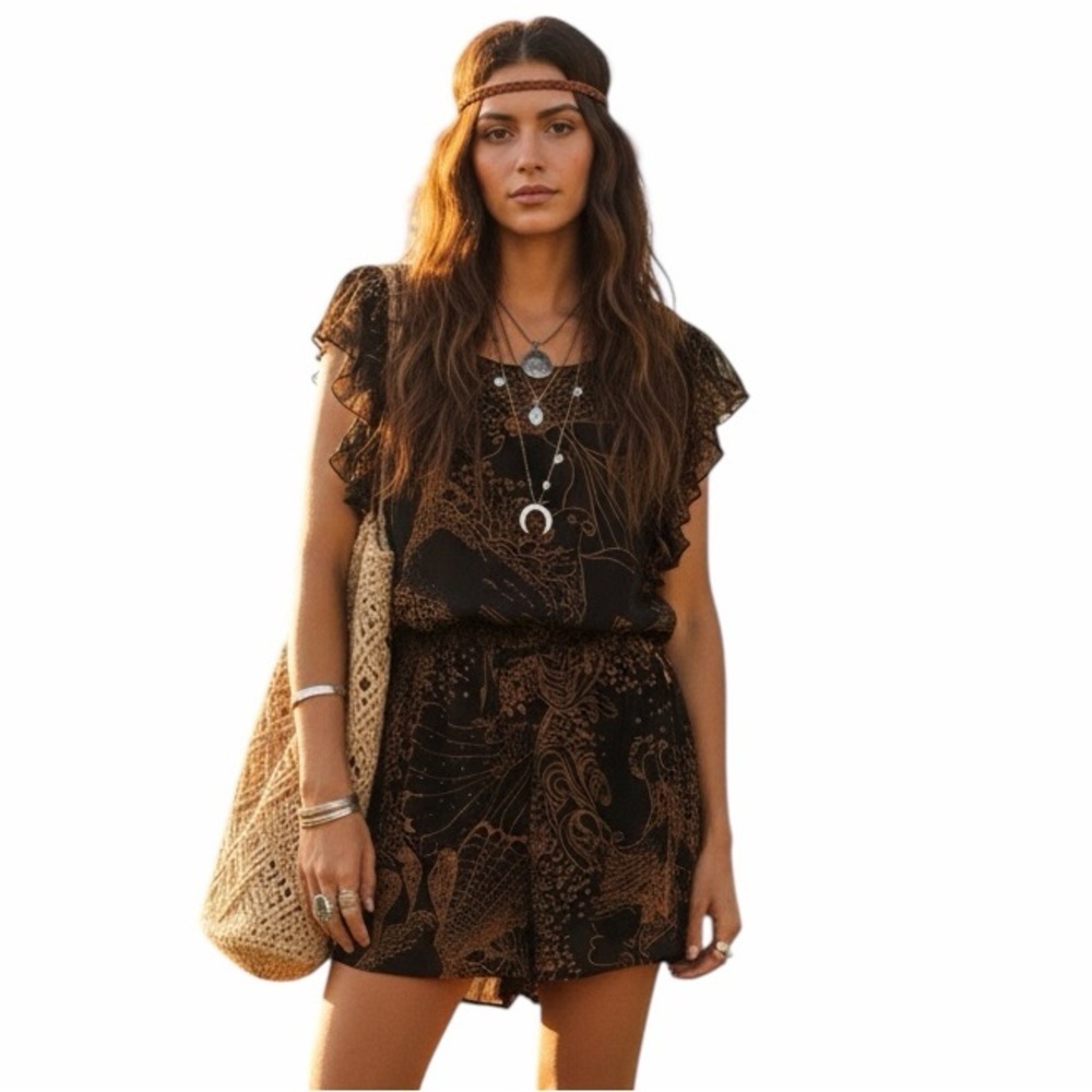 Whimsical Noir Mimi Chica Bird & Ruffle Boho Romper Earthy Hippie Festival M